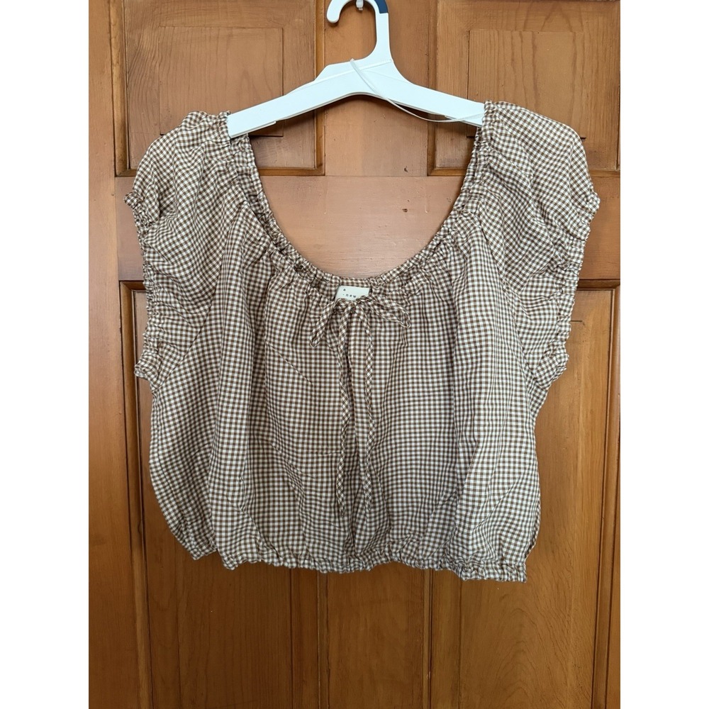 Women's A New Day Brown & White Gingham Blouse Puff Sleeves Size Large NWT